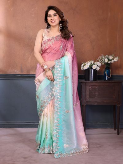 Gitanjali Fashions Women's Rama Gold Crush Saree With Beautiful Sequins Embroidery Work Saree