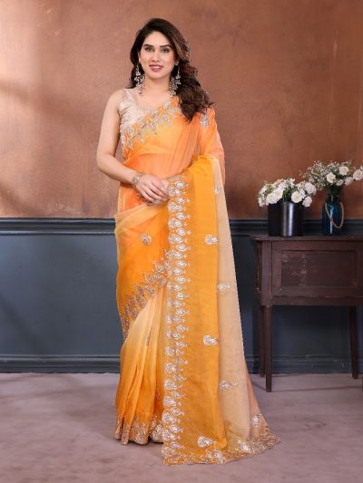 Gitanjali Fashions Women's Orange Yellow Gold Crush Saree With Beautiful Sequins Embroidery Work Saree