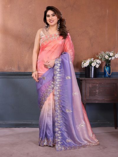 Gitanjali Fashions Women's Peach Lavender Gold Crush Saree With Beautiful Sequins Embroidery Work Saree
