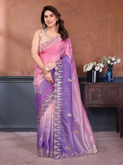 Gitanjali Fashions Women's Pink Lavender Gold Crush Saree With Beautiful Sequins Embroidery Work Saree