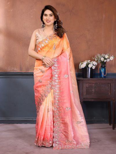 Gitanjali Fashions Women's Pink Orange Gold Crush Saree With Beautiful Sequins Embroidery Work Saree
